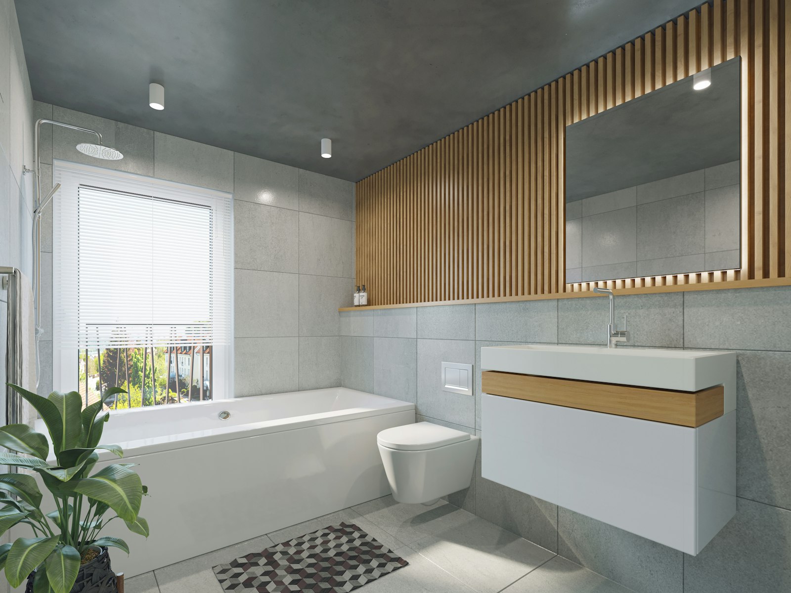 Modern bathroom with wood accents and soaking tub