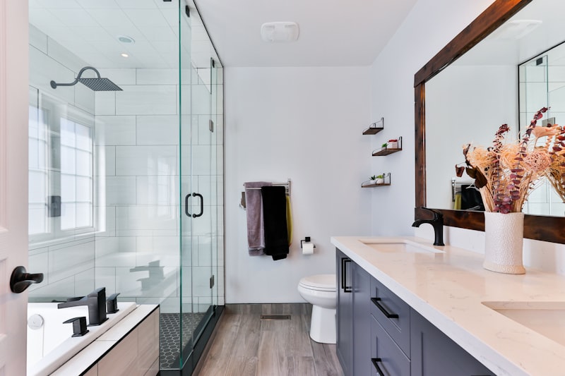 Walk-in shower with frameless glass enclosure